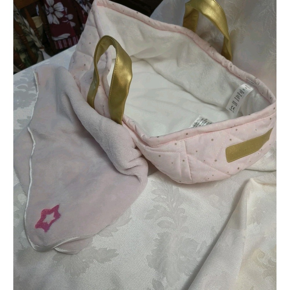 American Girl Doll Bitty Baby Pink Gold Carrier Moses Basket And Blanket EUC